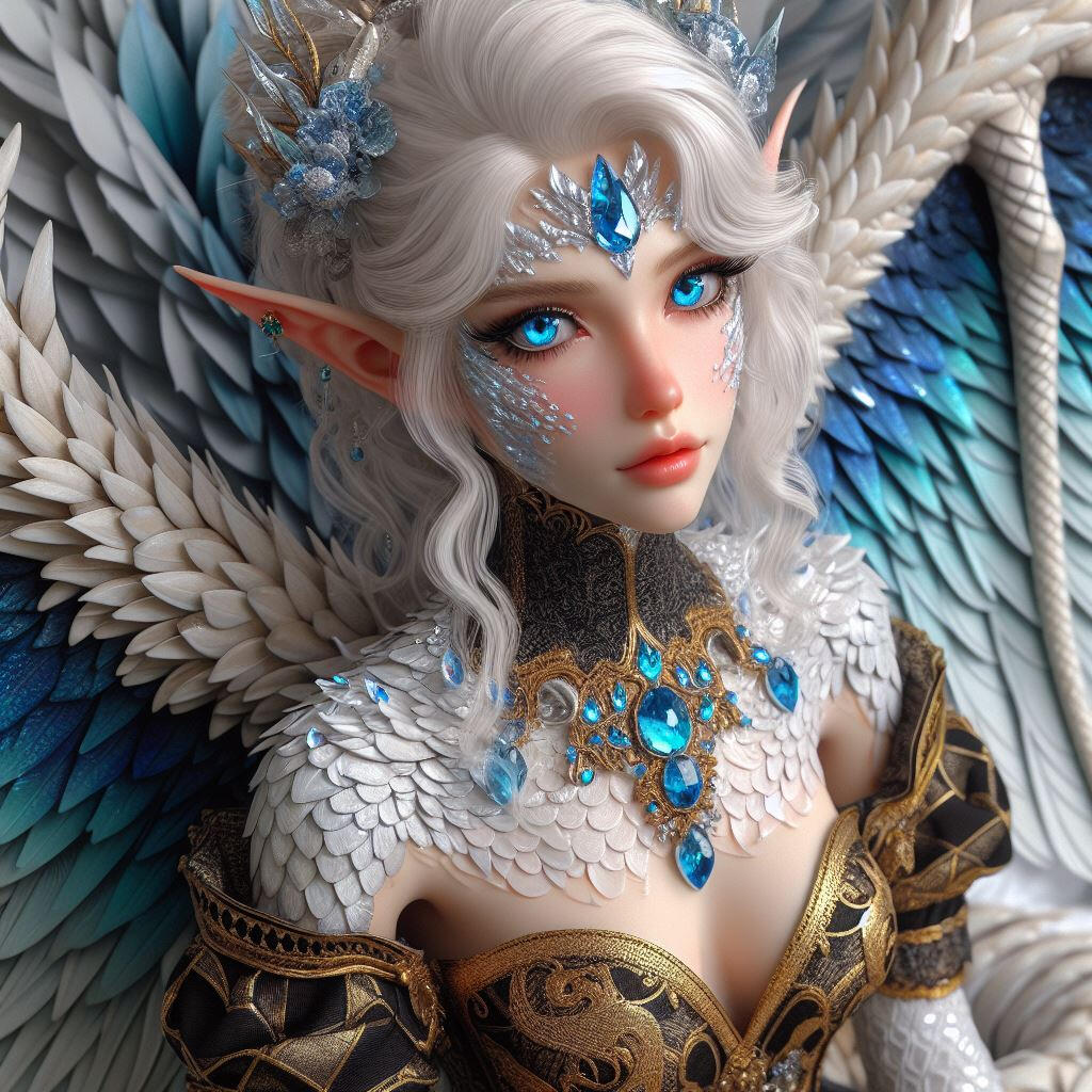 A woman that appears to be made of opal, the colors blending and bleeding into one another. She appears to be adorned in riches of another world, and dressed in regal affair.