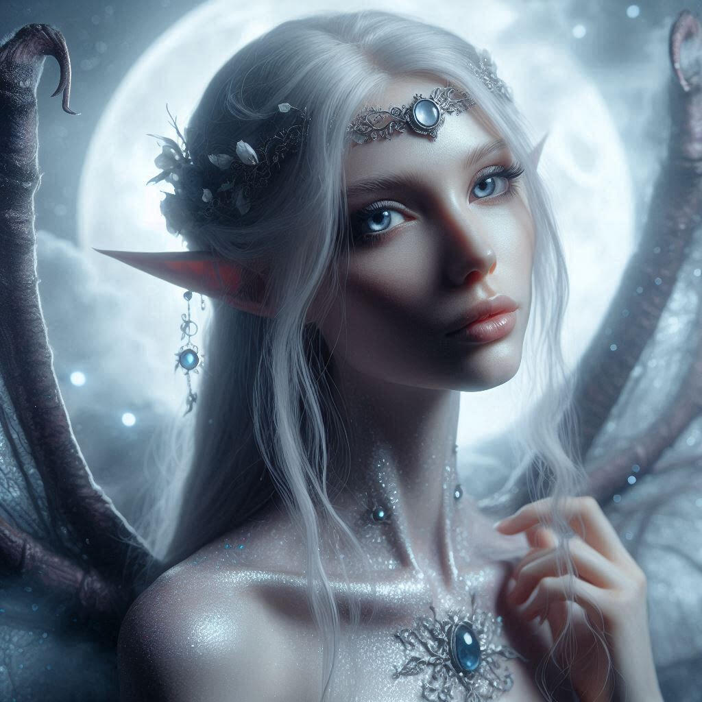A woman that appears to be made of moonstone, the colors blending and bleeding into one another. She appears to be adorned in riches of another world, and dressed in regal affair.