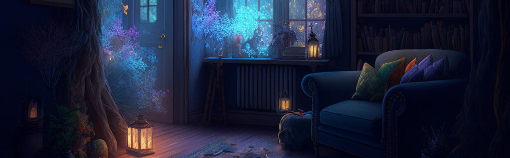 A cozy unearthly reading corner with unusual bioluminascent plants and the glow of gaslamps near by for lighting.
