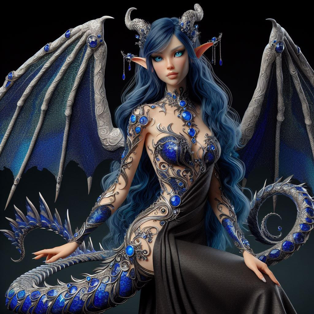 A woman that appears to be made of sapphire, adorned in jewels and riches unlike anything found on earth.