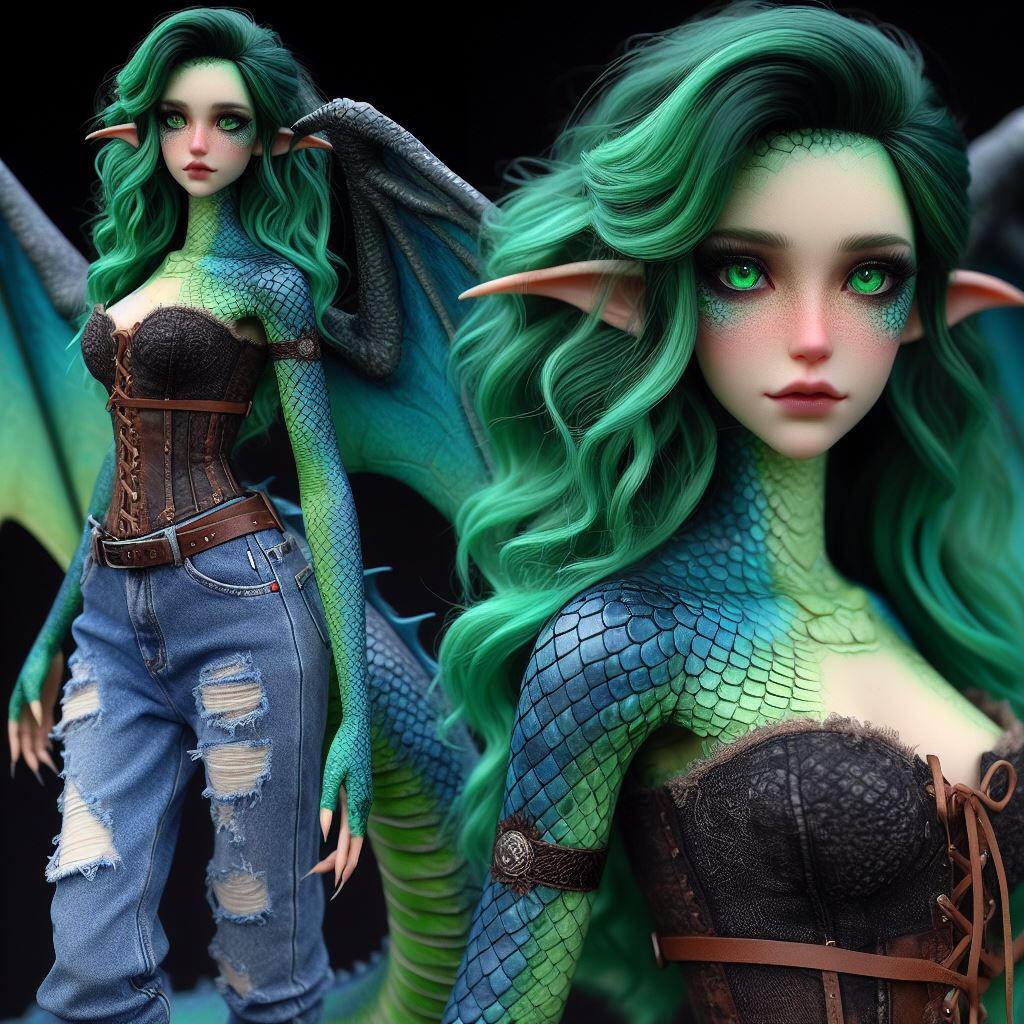 An unearthly emerald green woman with riches dripping over her form.