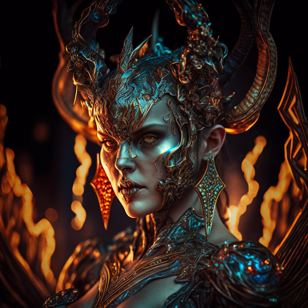 An unearthly woman that appears to be made of high quality metals and LED's with the riches of her world dripping from her body.